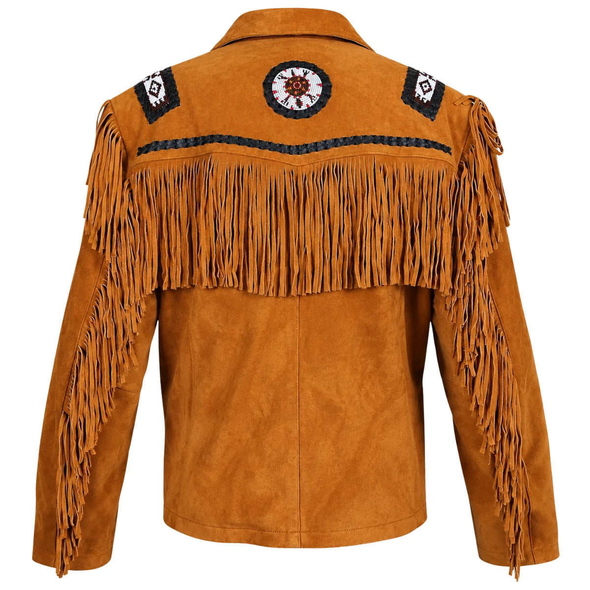 Men’s Brown Western Suede Leather Jacket – Fringe & White Bead Embellished Cowboy Jacket