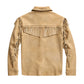 Men’s brown western suede leather jacket with fringe detailing, back view