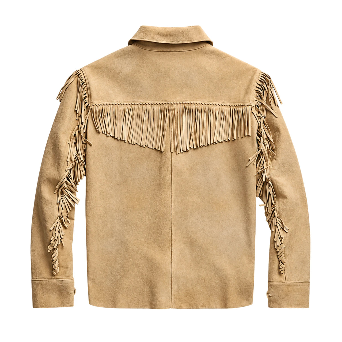Men’s brown western suede leather jacket with fringe detailing, back view
