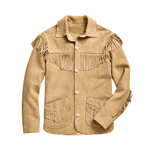 Men’s brown western suede leather jacket with fringe details, front view