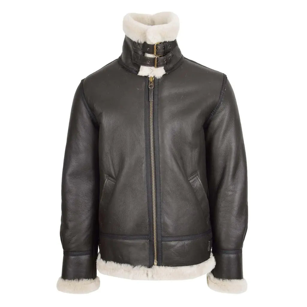 Men's Classic B3 Original Sheepskin Jacket in brown and white with folded shearling collar, front view.