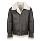 Men's Classic B3 Original Sheepskin Jacket in brown and white with high buckle collar, front view.
