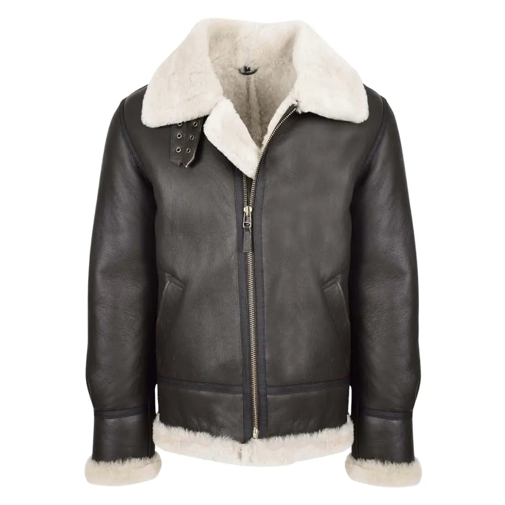 Men's Classic B3 Original Sheepskin Jacket in brown and white with high buckle collar, front view.