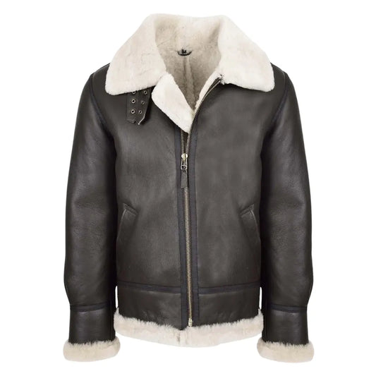 Men's Classic B3 Original Sheepskin Jacket in brown and white with high buckle collar, front view.