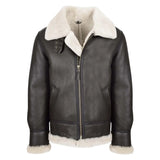 Men's Classic B3 Original Sheepskin Jacket in brown and white with high buckle collar, front view.