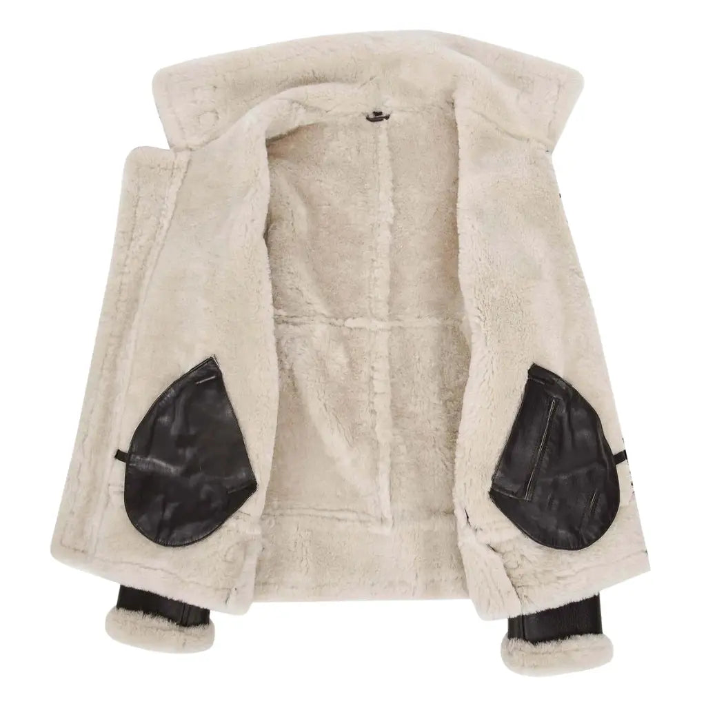 Interior view of the Men's Classic B3 Original Sheepskin Jacket showing full white shearling lining and leather pocket trims.