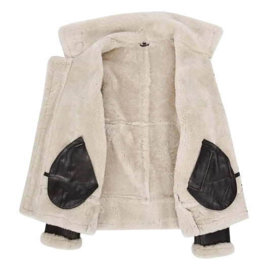 Interior view of the Men's Classic B3 Original Sheepskin Jacket showing full white shearling lining and leather pocket trims.