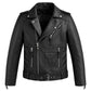 Men’s classic biker leather jacket front view with asymmetrical zipper and belt