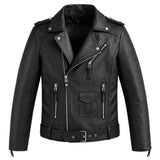 Men’s classic biker leather jacket front view with asymmetrical zipper and belt