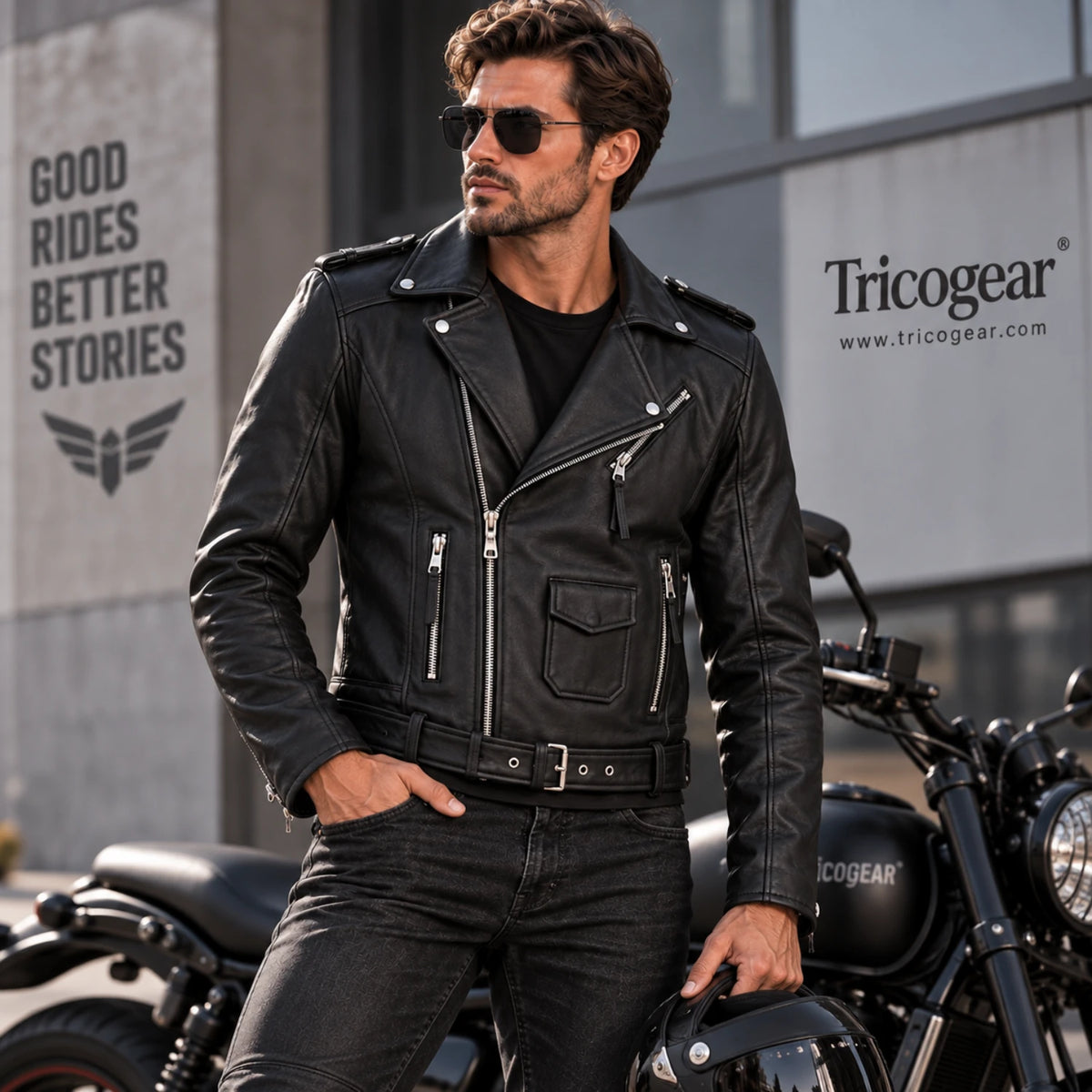 Men’s classic biker leather jacket styled with motorcycle rider