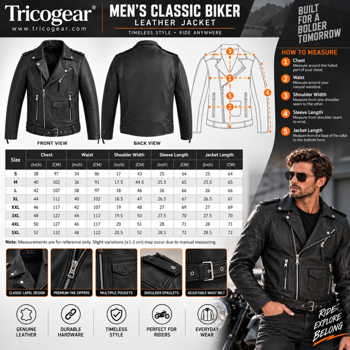 Men’s classic biker leather jacket size chart with measurements