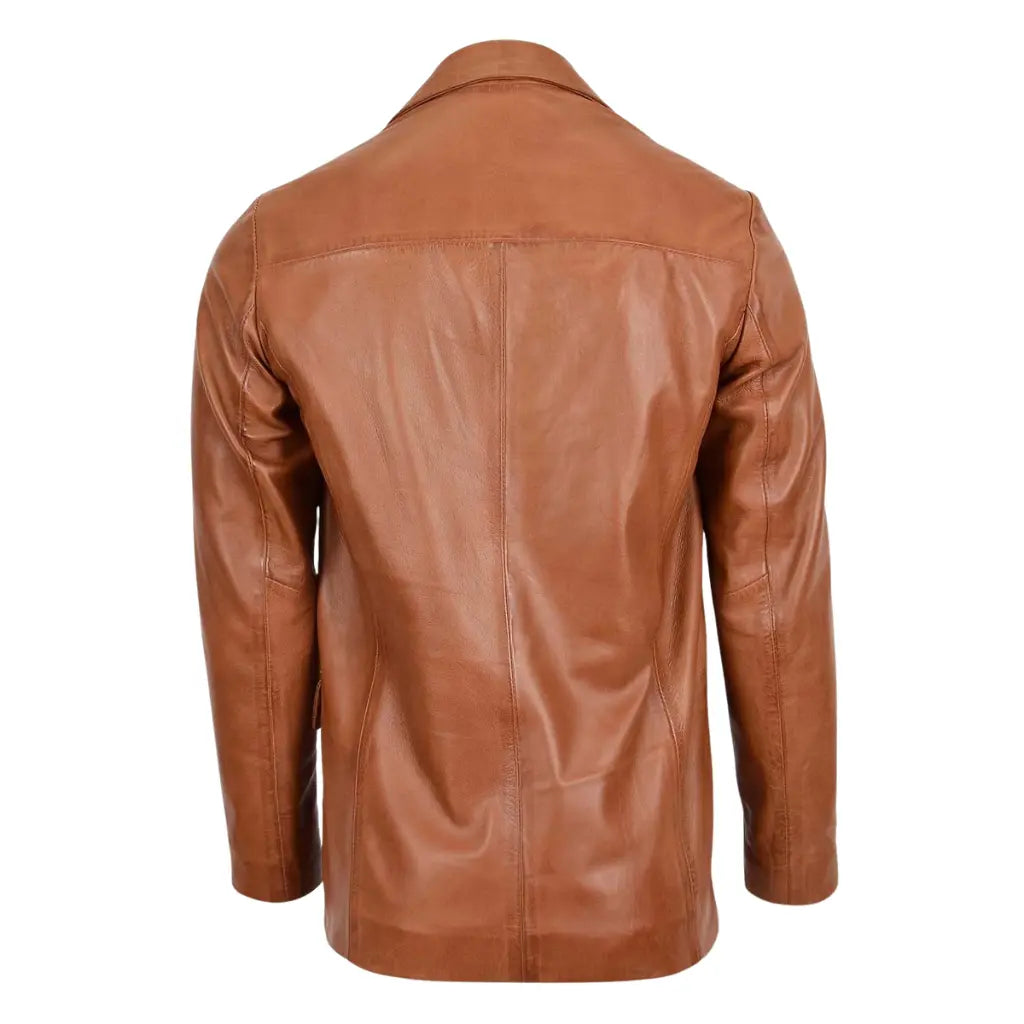 Back view of Men's Classic Three Button Tan Leather Blazer crafted from soft genuine leather.