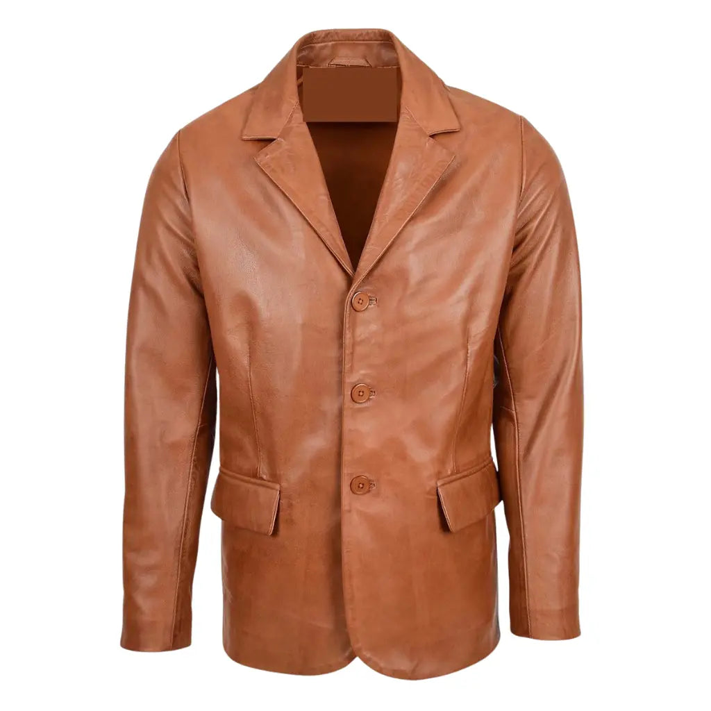 Men's Classic Three Button Tan Leather Blazer made from soft genuine leather front view with notch lapel and button closure.