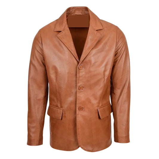 Men's Classic Three Button Tan Leather Blazer made from soft genuine leather front view with notch lapel and button closure.