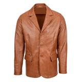 Men's Classic Three Button Tan Leather Blazer made from soft genuine leather front view with notch lapel and button closure.