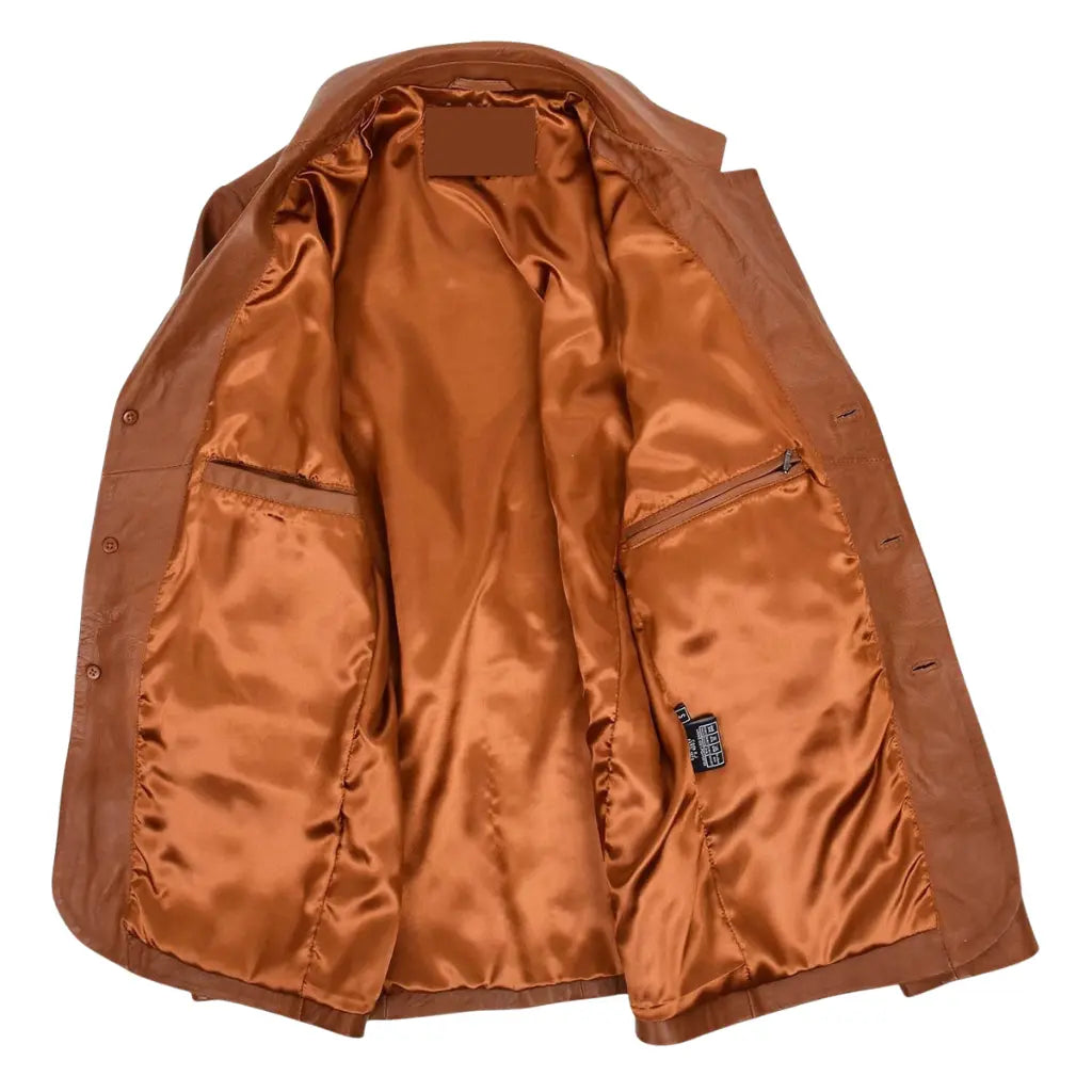 Interior view of Men's Classic Three Button Tan Leather Blazer featuring smooth lining and inside pockets.