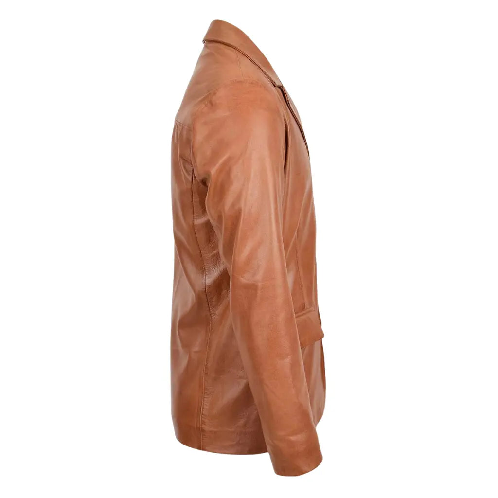 Side profile of Men's Classic Three Button Tan Leather Blazer in soft genuine leather.