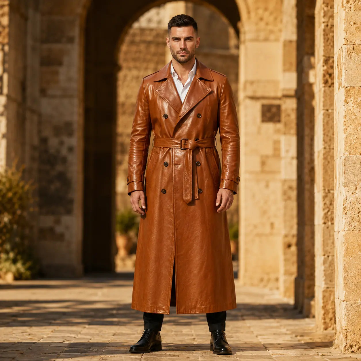 Men's genuine cognac tan leather trench coat full length double breasted with belt by Trico Gear