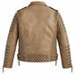 Back view of men’s desert brown waxed leather biker jacket with quilted detailing and adjustable waist straps