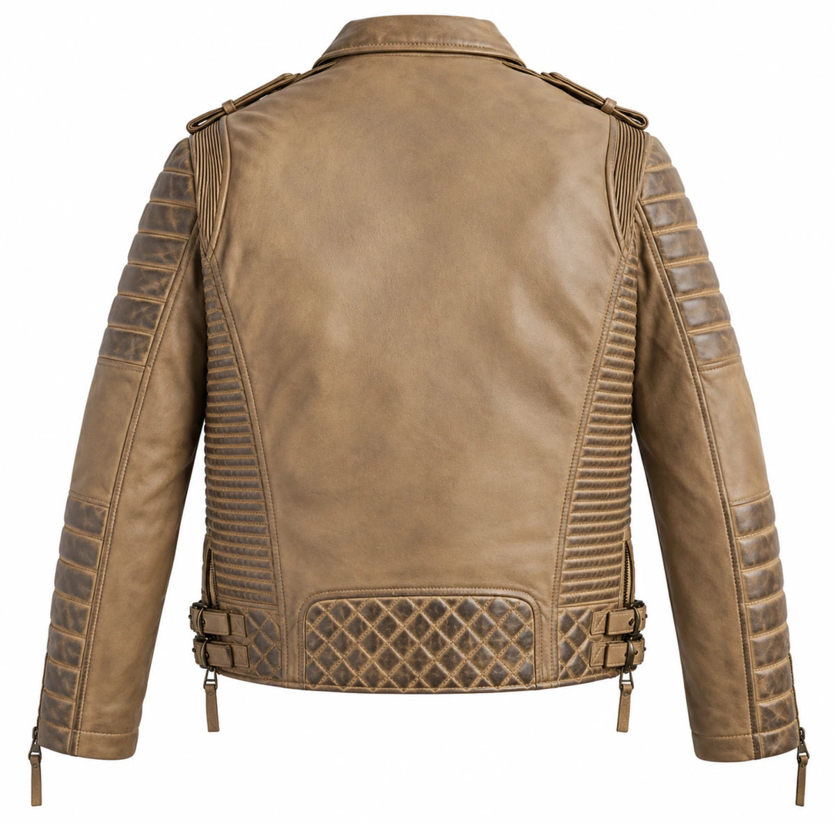 Back view of men’s desert brown waxed leather biker jacket with quilted detailing and adjustable waist straps