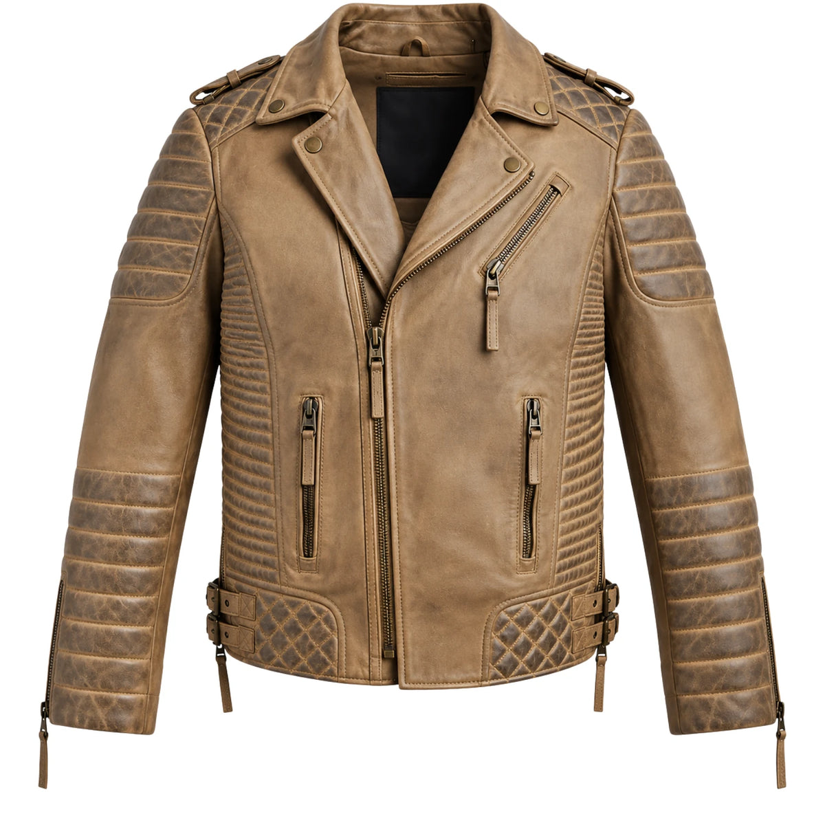 Men’s desert brown waxed leather biker jacket front view with quilted panels and zippered pockets