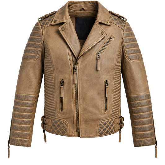 Men’s desert brown waxed leather biker jacket front view with quilted panels and zippered pockets