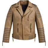 Men’s desert brown waxed leather biker jacket front view with quilted panels and zippered pockets
