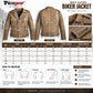 Men’s desert brown waxed leather biker jacket size chart with chest, waist, shoulder, sleeve and jacket length measurements