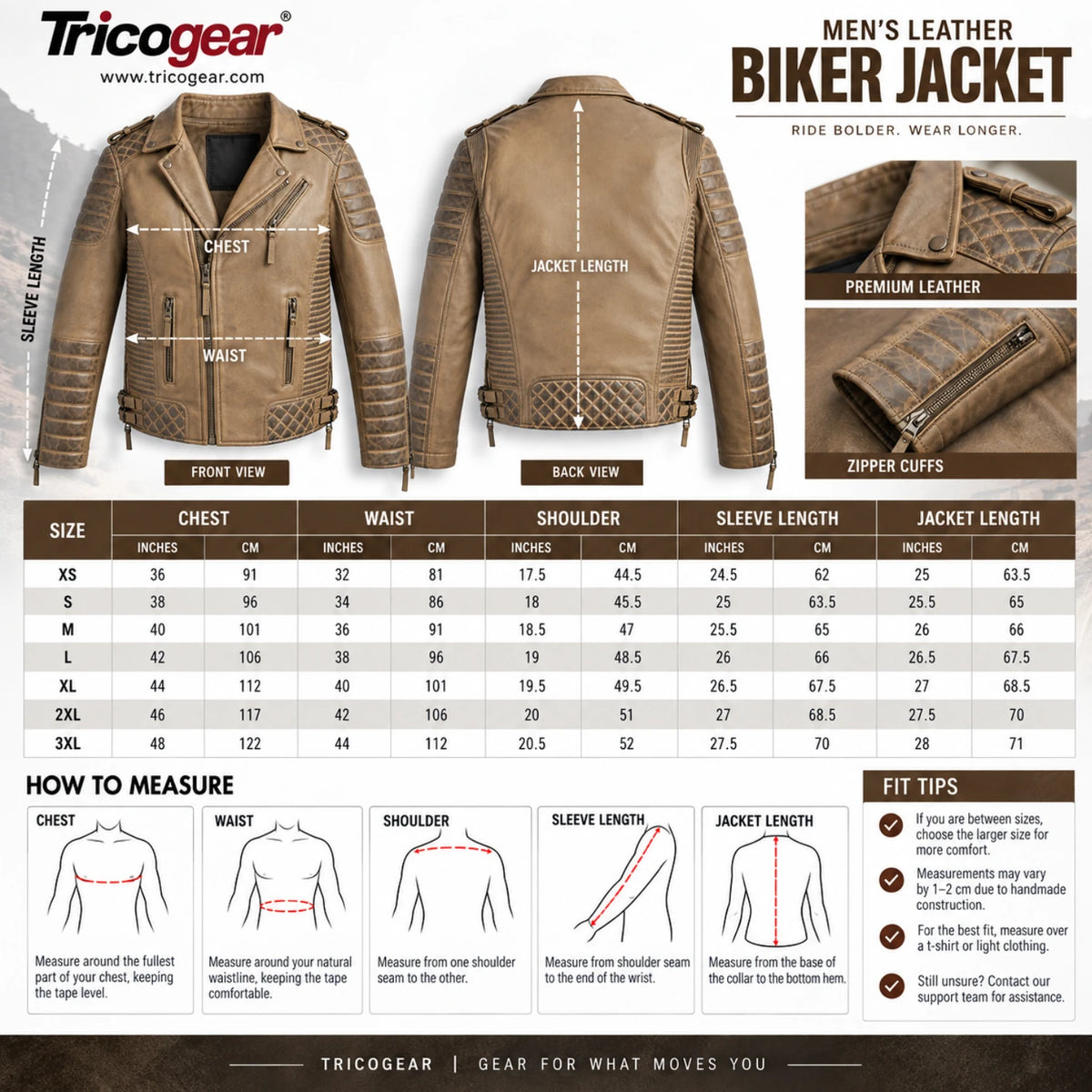 Men’s desert brown waxed leather biker jacket size chart with chest, waist, shoulder, sleeve and jacket length measurements