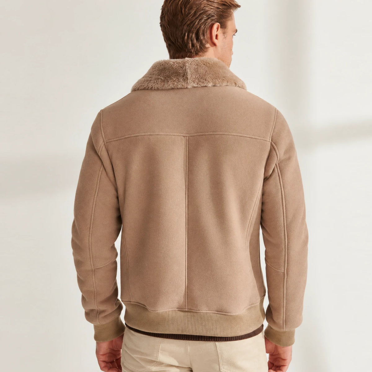 Men’s genuine leather B3 flight jacket back view with shearling collar