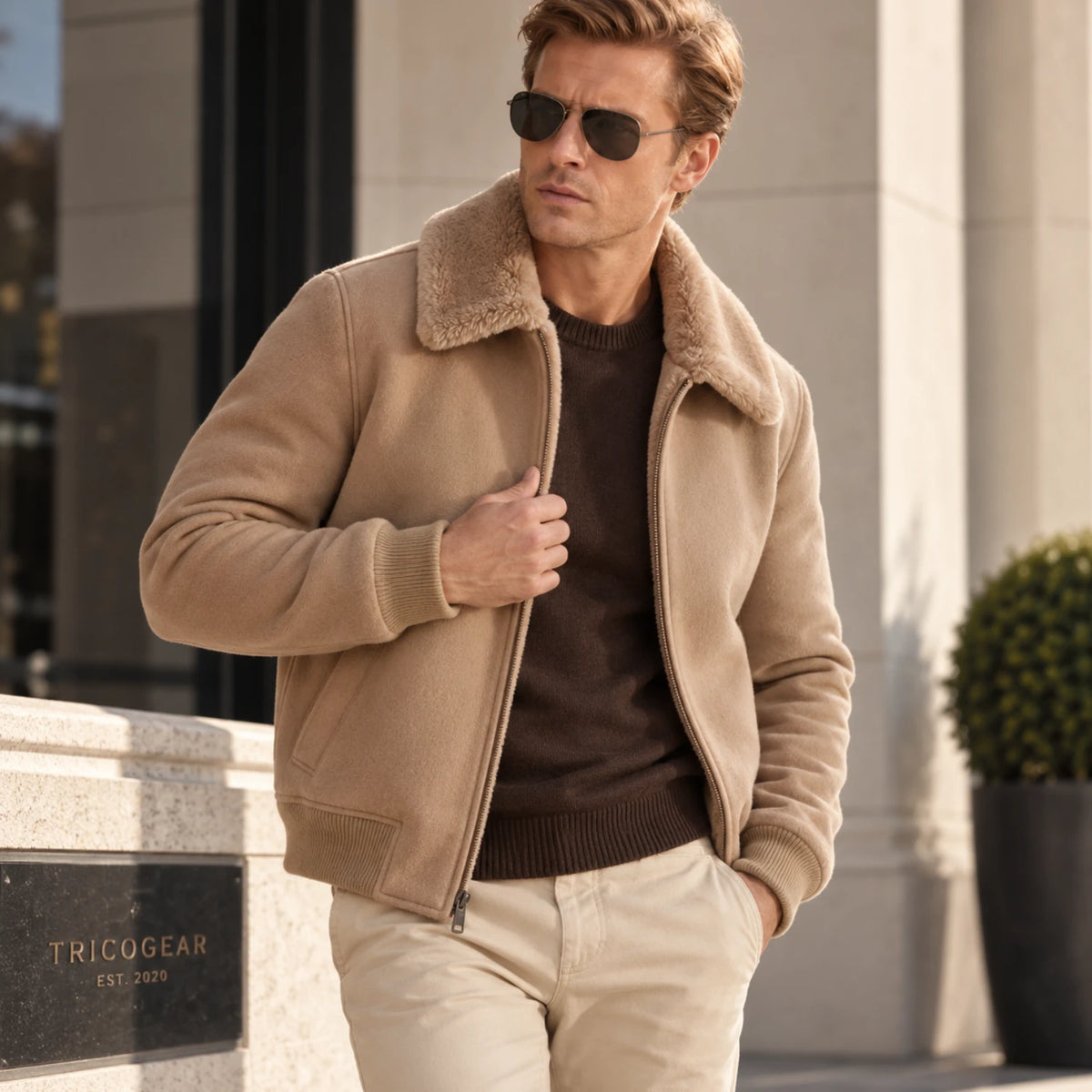 Men’s genuine leather B3 flight jacket with shearling collar front view