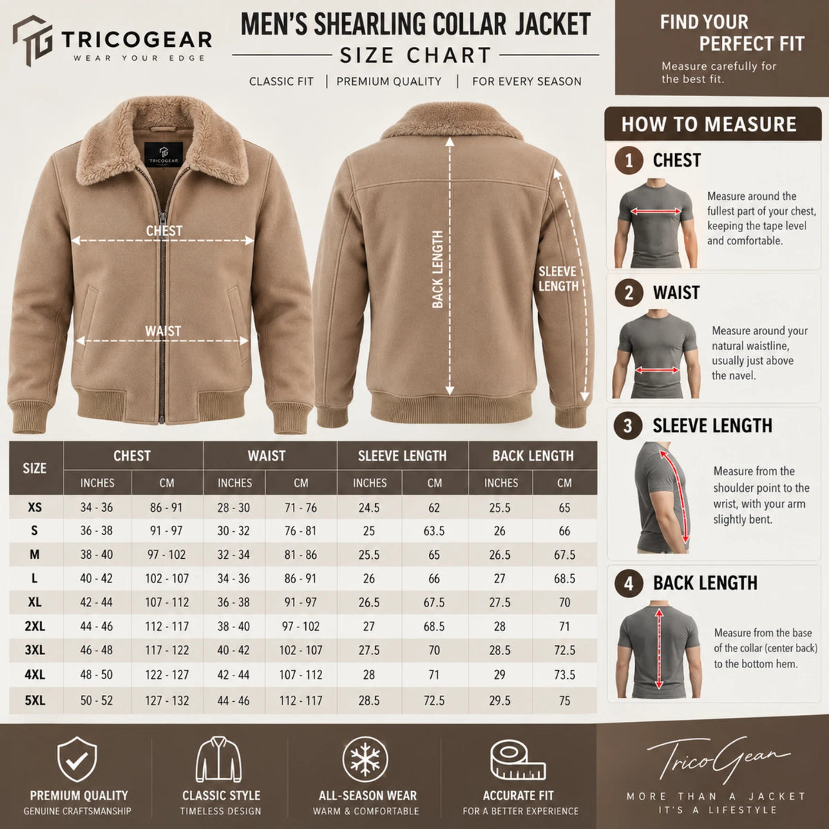 Men’s genuine leather B3 flight jacket size chart with chest waist sleeve and back length measurements