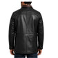 Back view of men's hip length black leather winter car coat with brown trim on a male model.