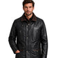 Men's hip length black leather winter car coat with brown trim front view worn by a male model.