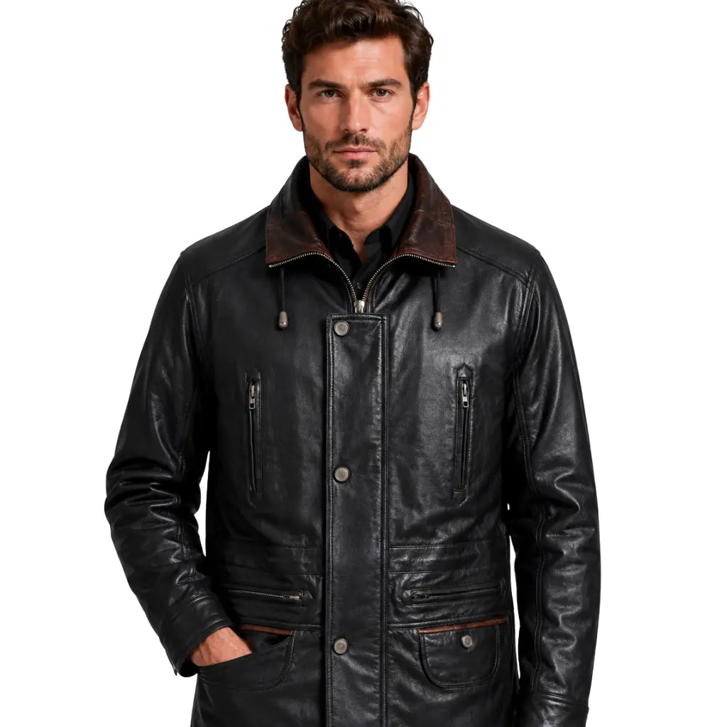 Men's hip length black leather winter car coat with brown trim front view worn by a male model.