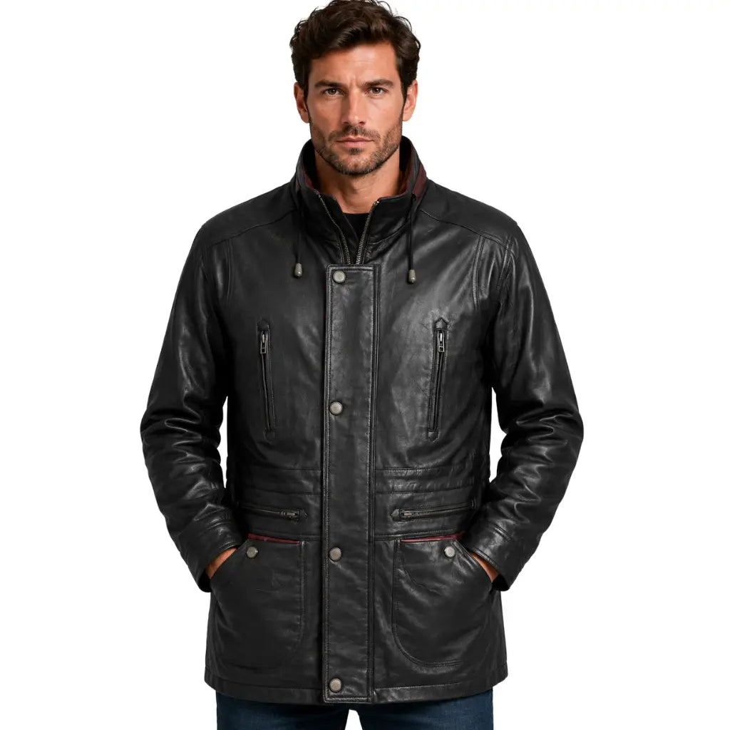 Three-quarter front view of men's hip length black leather winter car coat with brown trim on a male model.