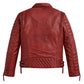 Back view of men’s red genuine leather biker jacket with quilted detailing and adjustable waist straps