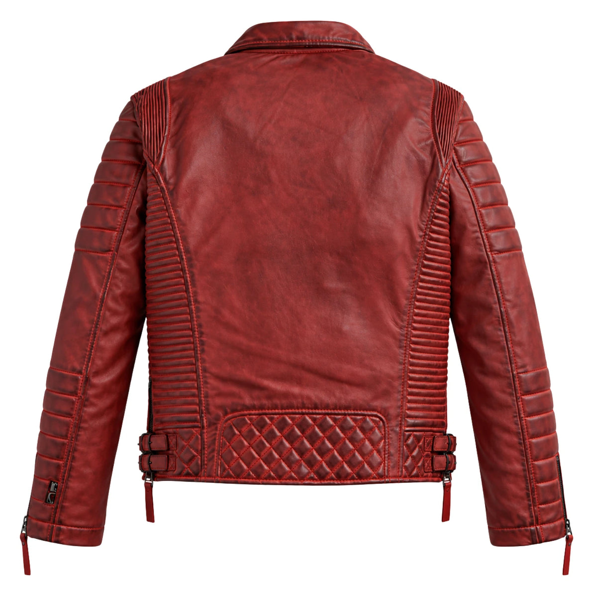Back view of men’s red genuine leather biker jacket with quilted detailing and adjustable waist straps