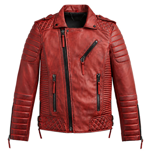 Men’s red genuine leather biker jacket front view with quilted shoulders and zippered pockets