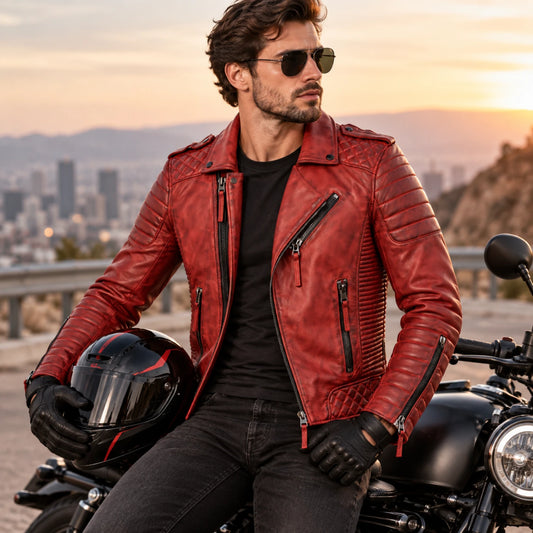 Men’s red genuine leather biker jacket worn by a male motorcycle rider with black motorcycle