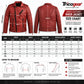 Men’s red genuine leather biker jacket size chart with chest, waist, shoulder, sleeve and jacket length measurements