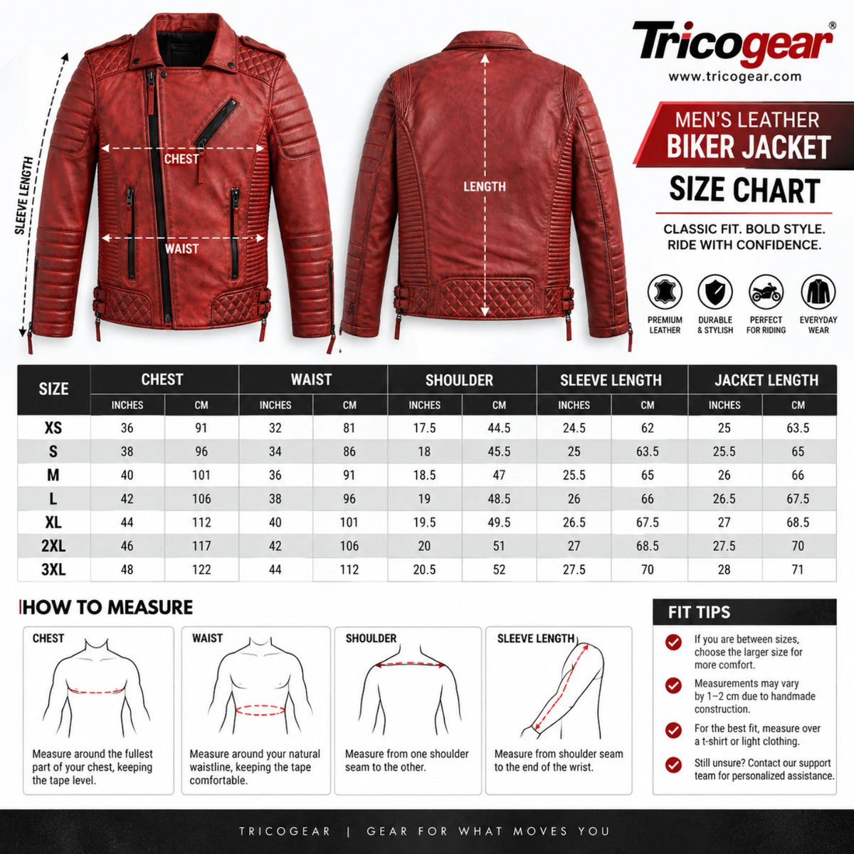 Men’s red genuine leather biker jacket size chart with chest, waist, shoulder, sleeve and jacket length measurements