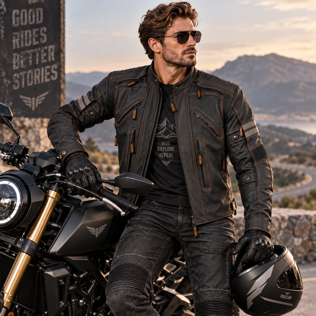 Men’s Street motorcycle leather armored jacket styled with a motorcycle rider