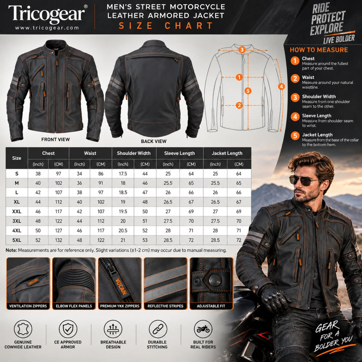 Men’s Street motorcycle matte black leather armored jacket size chart