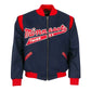 Men’s vintage blue wool letterman jacket front view with red varsity details