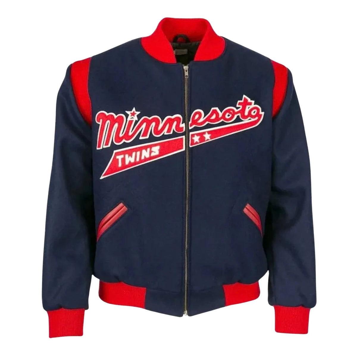 Men’s vintage blue wool letterman jacket front view with red varsity details