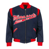 Men’s vintage blue wool letterman jacket front view with red varsity details