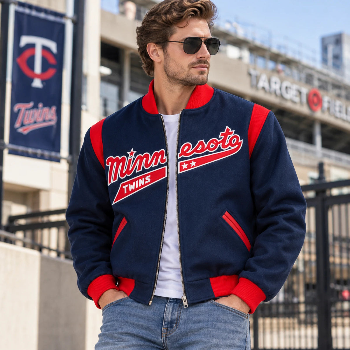 Men’s vintage blue wool letterman jacket worn by a male model