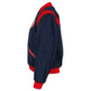 Men’s vintage blue wool letterman jacket side view with ribbed cuffs and collar