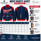 Men’s vintage blue wool letterman jacket size chart with chest shoulder sleeve and back length measurements